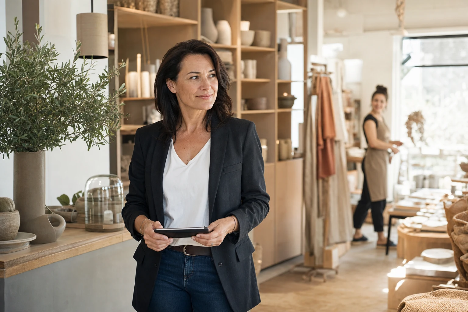 Une commerçante dirige sa boutique dans un environnement lumineux